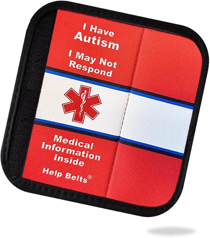 Autism/May Not Respond Awareness Medical Alert Seatbelt Cover for Kids and Adults with Emergency Information Form and Pocket by Help Belts (Red, 6 Inch Car Seat)