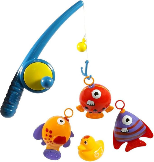 Realistic Hook and Reel Fishing Toy for Bathtub | Baby Bath Toy Set | Pool Playset With a Rod, 3 Fishes & a Ducky for Kids Ages 3+