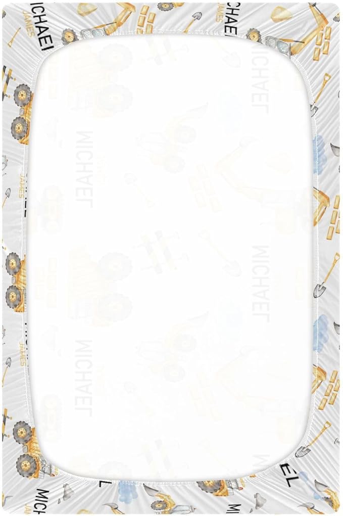Personalized Pack and Play Sheets with Name, Custom Construction Baby Mini Crib Sheets for Baby Boys, Name Pack n Play, Fitted Sheet with Name, Soft and Breathable Material, 39x27x5 Inch