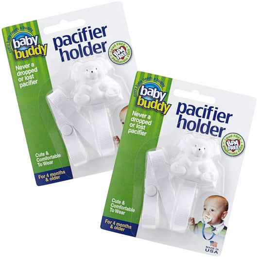 Baby Buddy Bear Pacifier Holder Clip Snaps to Paci, Teether, Toy, Clips to Baby's Shirt, Pacifier Clip - Babies 4 Months & Up/Toddler Boys & Girls, Pacifier Holder, Baby Must Haves, White, 2 Count