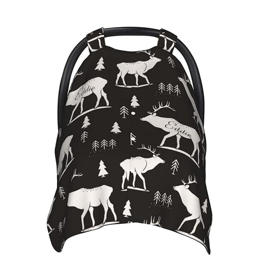 Personalized Deer and Trees Baby Infant Car Seats Canopy for Babies with Name, Custom Lightweight Covers for Baby Boys Girls, Minky Nursing Breastfeeding Stroller Cover Canopies for Newborn
