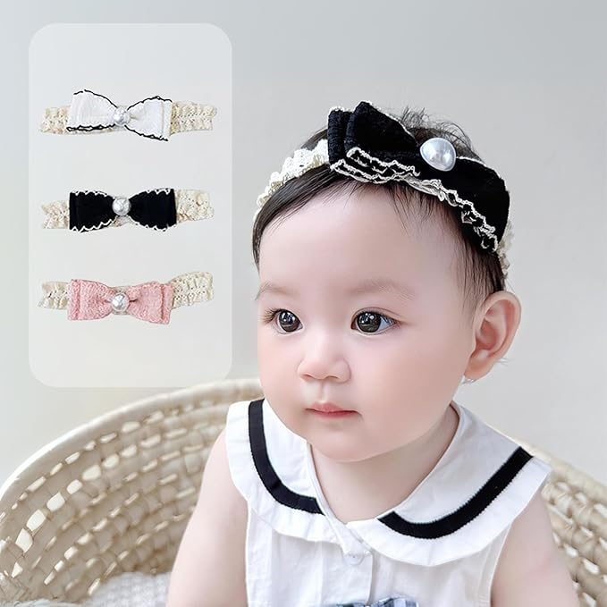 Bow Lace Headbands for Baby Girls Soft Tulle Ribbon Pearl Head Wrap Elastic Bow-knot Hair Band Shower Birthday Hair Accessory for Newborn Infant Toddler (Black A, Elastic)