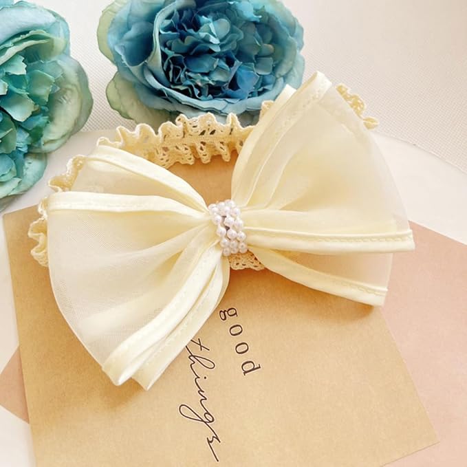 Cute Baby Girl Lace Headband Lace Bow Hair Accessories Elastic Bow Head Wrap for Newborn Infant Toddler Christening Baptism Party Hair Accessories for 0-36 Months (Ivory F, Free)
