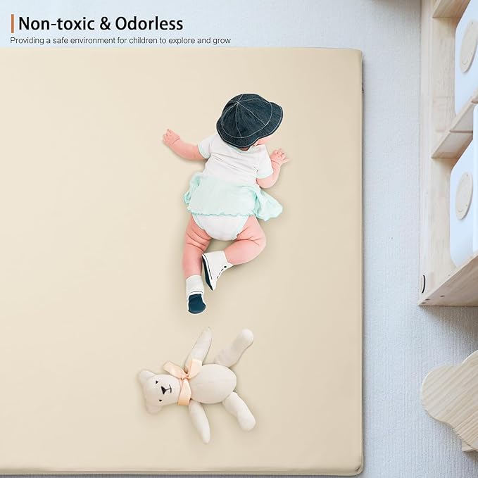 Foam Play Mat for Baby: PU Leather Waterproof Kids Playmat - Beige Baby Play Mats for Floor - Thick Play Mat for Playpen Padded Playpen Mattress Soft Infant Mat for Preschool (Beige Foam mat)