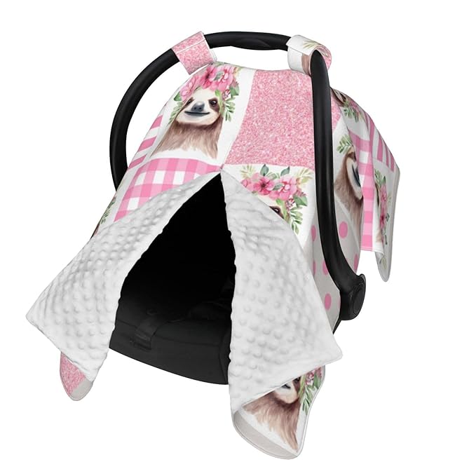 Pink Glitter Sloth Floral Car Seat Canopy Cover, Universal Fit for Infant Car Seats，Breathable,Multi-Use Nursing Cover, Gift Ready