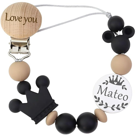 Personalized Pacifier Clip with Name, Custom Animal Pacifier Clips for Boy Girl, Personalized Custom Baby Gifts for Newborn (Mouse-Black)