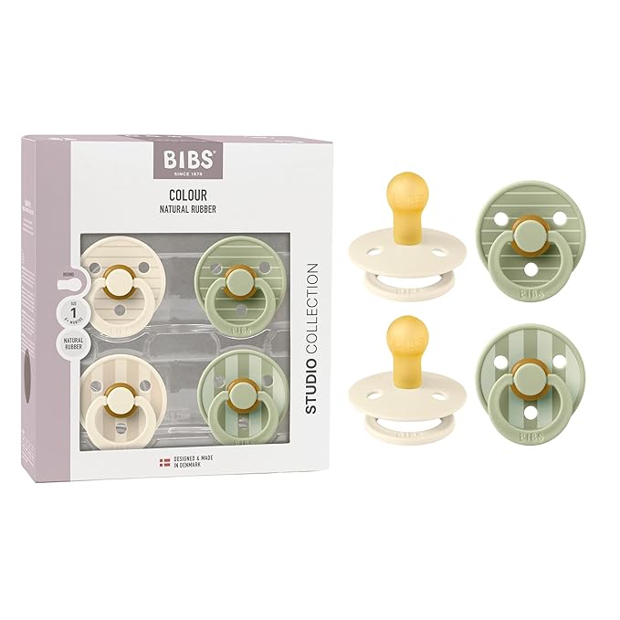 BIBS Studio Pacifier 4-Pack, BPA Free Pacifiers, Round Nipple. Natural Rubber Latex, Made in Denmark, Size 1 (0-6 Months), Ivory/Sage