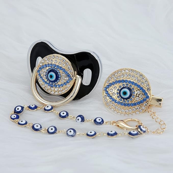 Lovely Evil Eye Gold Silver Pacifier and Clip Set BPA Free Safe Unique Design Luxurious Dummy Ideal Gift for Baby Show New Born