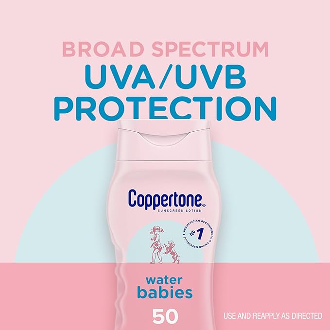 Coppertone WaterBabies Baby Sunscreen Lotion SPF 50, Hypoallergenic Sunscreen for Babies, Water Resistant, Pediatrician Recommended, 8 Fl Oz Bottle