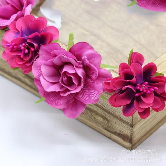 AKOAK 1 Pack Flower Crown, Bohemian Wreath for Girls Floral Tiara, Wedding Headband, Bride Bohemian Wreath/Baby Shower/Photo/Toddler (Rose Red)