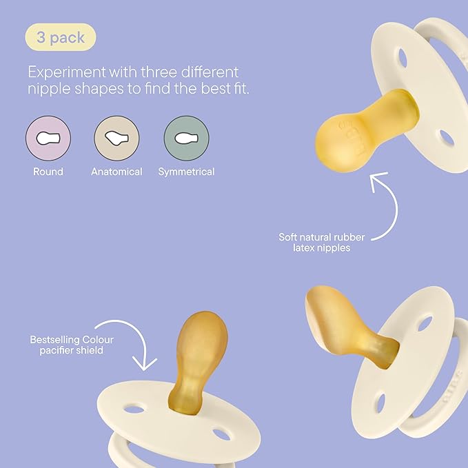 BIBS Colour Liberty Try-It Collection: 3 Soothers for Your Baby's Unique Needs, Round Nipple. Natural Rubber Latex, Made in Denmark, 0+ Months (Pack of 3), Eloise