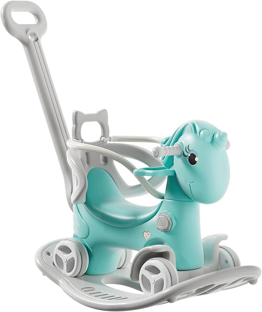 4 in 1 Rocking Horse for Toddlers 1.5-3 Years Old, Balance Bike Ride On Toys with Push Handle, Baby Rocking Toy Backrest and Balance Board for Baby Girl and Boy Fun Birthday Gift (Upgraded Blue)