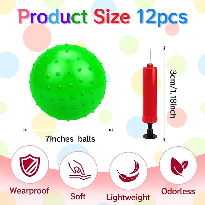 12PCS Bouncy Balls for Kids Toddlers, 7 Inch Sensory Balls Spiky Massage Stress Ball Bulk with Air Pump, Indoor Outdoor Sports Sensory Toys & Party Favors(Green)