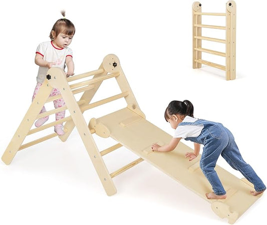 HONEY JOY Climbing Toys for Toddlers, 4 in 1 Foldable Wooden Montessori Kids Triangle Climber, Double Side Ramp & Climber, Baby Learning Indoor Climbing Ladder Gym for Boys Girls (Natural)