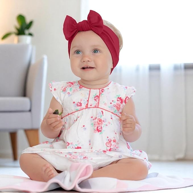 Baby Girl Headbands 0–6 Months – Newborn Infant Soft Cotton Handmade Bow Headband, Stretchy No Mark Baby Hair Accessories (Burgundy, 0-6 Month)