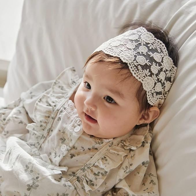 Baby Girls Lacy Bow Headband Soft Breathable Lace Hairband for Toddlers Infant Baptism Christening Beanie Cap Wide Turban Wedding Party Shower Gifts (Style 2)