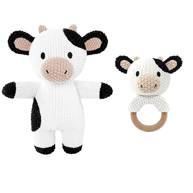 10" Handmade Crochet Cow Stuffed Animal, Baby-Safe Cotton Plush with Rattle, Hypoallergenic Toy for Newborns 0-12 Months, Ideal Baby Shower & 1st Birthday Gift
