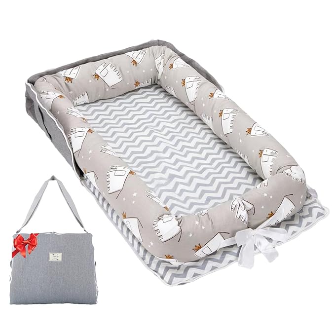 Baby Lounger for Newborns & Infants 0–24 Months, 100% Cotton Breathable Infant Support Cushion with Adjustable Size, Portable Baby Nest for Home and Travel, Baby Shower Gift (Elephant Grey)