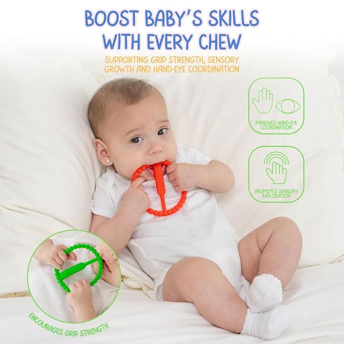 Cricket Baby Teether | 2 Pack Cricket Bat & Ball Shape | Soft Silicone Teething Toy for Babies 0-9 Months | Easy to Hold with 5 Teething Textures | Grass Green & Cherry Red | Certified Safe