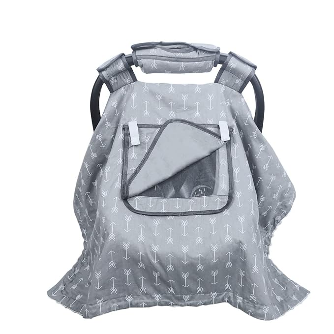 Car seat Covers for Babies boy Girl, Carseat Canopy for Newborn Carrier, 2 Layers Windows of mesh/Fabric, No Shifting on Carrier Handle, Cotton and Fleece, Handle Cushion, White Minky