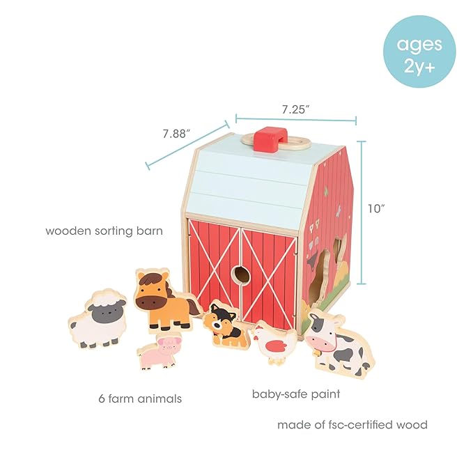 Pearhead Farm Animal Shape Sorter – Wooden Barn with 6 Chunky Animal Blocks, FSC-Certified, Flip-Up Roof & Carrying Handle, Montessori Pretend Play Toy for Boys and Girls, 2 3 4 Year Old