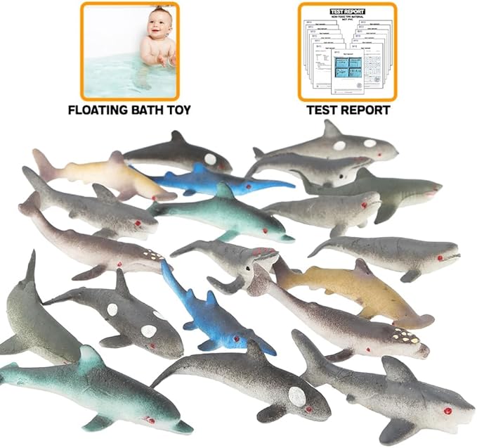20 PCS Mini Rubber Shark Toy Figure, Super Stretches Bath Toy Set, Material TPR, Ocean Sea Animal Floating Bathtub Toy Party Favors, Realistic Shark Dolphin Whale Toy