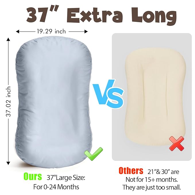 Extra Large Baby Lounger – 37 Inch, Infant Lounger with 3D Breathable Grid Mesh – Safe Envelope Cover (No Zippers) – Soft Baby Lounger for Supervised Floor & Travel Use