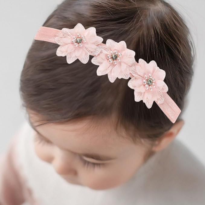 Bethynas White Flower Lace Elastic Headband for Baby Girls Floral Baptism Christening Toddler Hairband Infant Flower Pearl Birthday Party Hair Accessory for Newborn Girl (Pink)