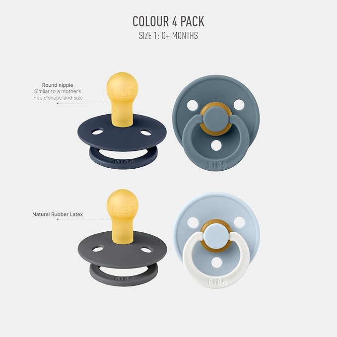 BIBS Color Pacifiers 4-Pack | BPA Free Soother Pacifier | Round Nipple | Natural Rubber Latex | Made in Europe | Size 0-6 Months | Petrol Glow Mix