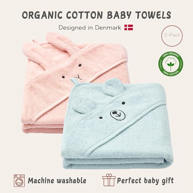 Hooded Baby Towels - 100% Organic Cotton Baby Bath Towels, 32" x 32" Super-Soft and Absorbent Baby Towels for Newborn 2-Pack (Rabbit Blush/Bear Baby Blue)