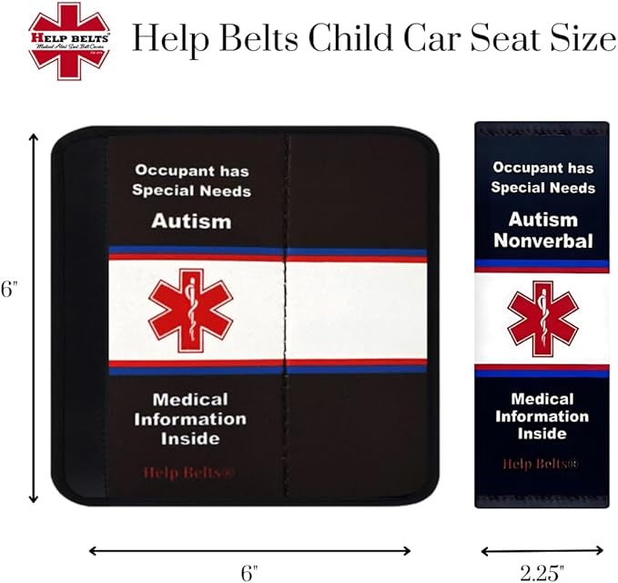 Autism Awareness Medical Alert Seatbelt Cover for Children in Car Seats (6”) Featuring an Emergency Information Form and Pocket by Help Belts. (Black/White)