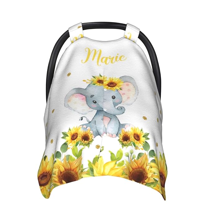 Personalized Baby Car Seat Canopy for Babies, Custom Name Car Seat Covers for Baby Girl, Sunflower Elephant Opening Minky Nursing Breastfeeding Cover for Infant, Carseat Canopies for Newborn
