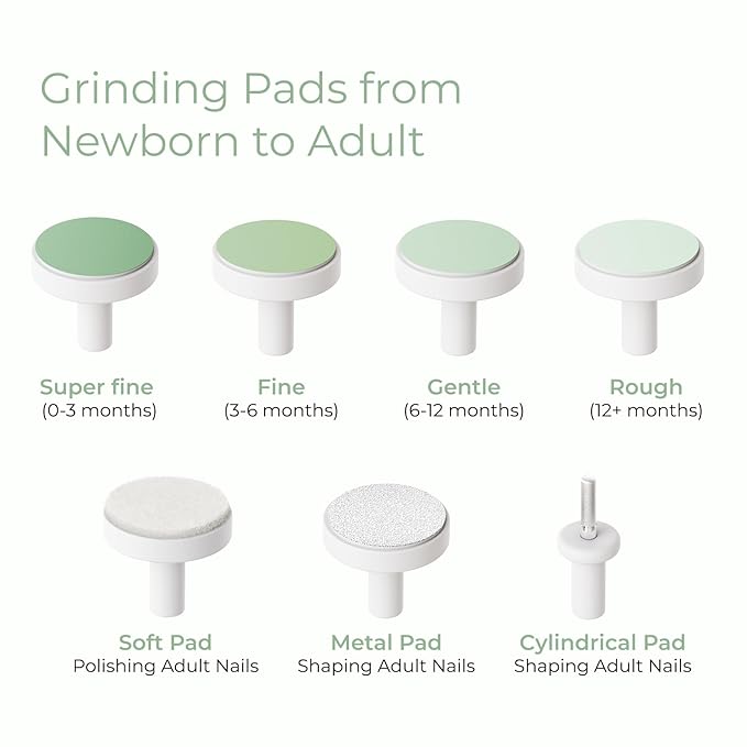 Momcozy Baby Nail File Electric, Gentle Baby Nail Trimmer Electric, Baby Nail Clipper with Night Light, 7 Grinding Head Replacement Pads, Green