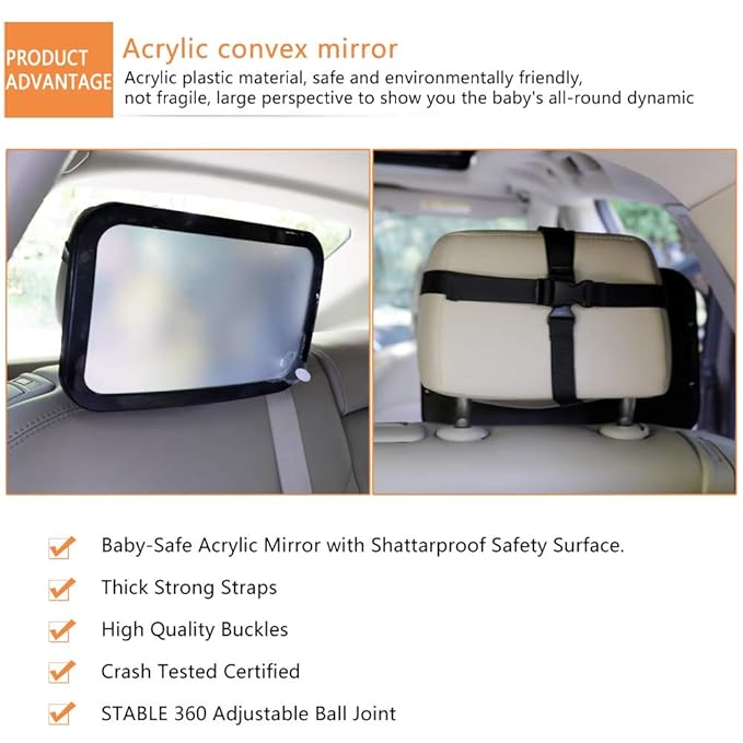 Baby Mirror for Car - Safety Car Seat Mirror for Rear Facing Infant with Wide Crystal Clear View - Adjustable Acrylic 360°for Backseat - Safe, Secure and Shatterproof (Black)
