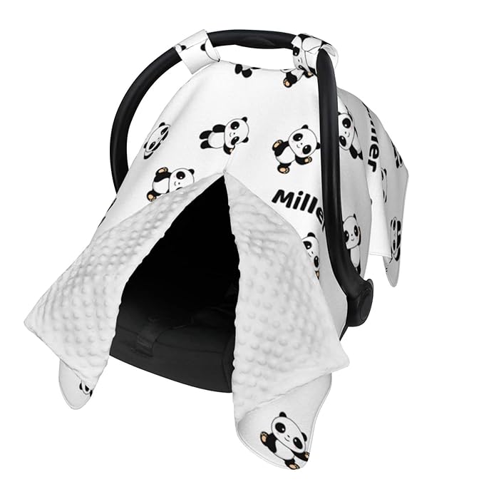 Personalized Black and White Panda Baby Infant Car Seats Canopy for Babies with Name, Lightweight Covers for Baby Boys Girls, Minky Nursing Breastfeeding Stroller Cover Canopies for Newborn