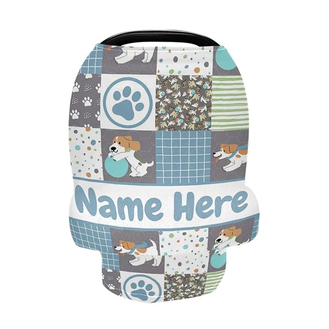 Personalized Cute Puppy Baby Car Seat Cover for Babies with Name, Custom Dog Patterns Baby Car Seats Canopy for Boys Girls, Nursing Breastfeeding Stroller Covers Infant Car Seat Blanket for Newborn