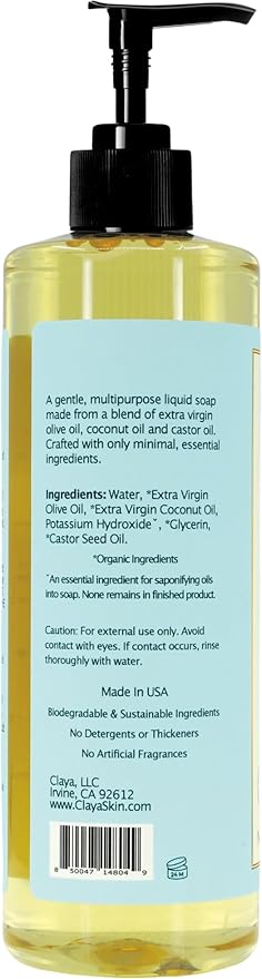 Claya Liquid Castile Soap – Organic Ingredients, Biodegradable, Gentle for Sensitive Skin and Versatile Use (16 fl oz (Pump Cap), Unscented)