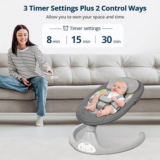 Bioby Baby Swing for Infants with 5 Natural Sway Speeds, Portable Bt Music Swing with Remote Control & 5-Point Harness, Lightweight Baby Rocker for 5-20 Lb,0-12 Months Grey