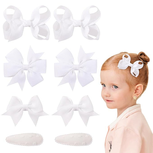 choicbaby 8pcs Baby Girl Hair Bow Clips Set, White Toddler Hair Clips Boutique Grosgrain Ribbon Bow Hair Barrettes Accessories for Infant Toddler Kids