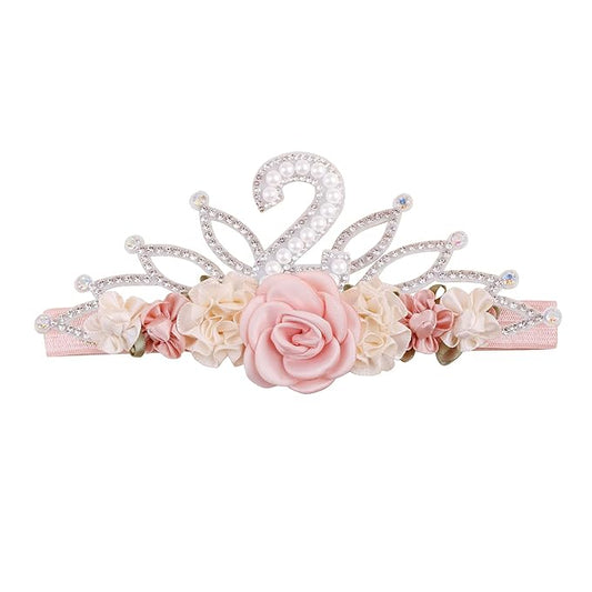cherrboll Flower Headband Birthday Crown for Girl, Floral Nylon Hairband for 1-3 Years Old Toddler, 2nd Birthday Party Dress Photo Decoration Hair Accessory