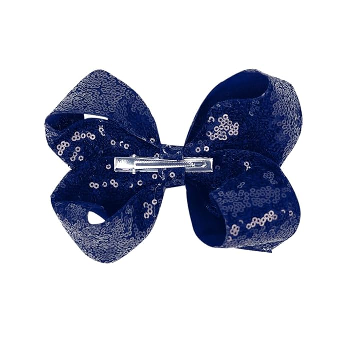6 Inch Navy Blue Sparkly Glitter Sequin Hair Bows for Girls Toddlers Kids Children Teenage (2PCS)
