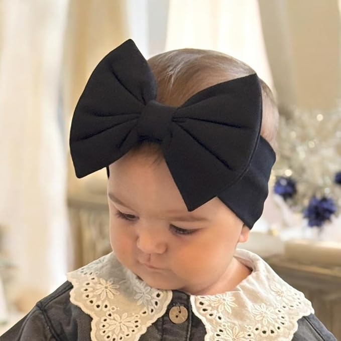 Newborn Baby Girl Headband 0–6 Months – Soft Cotton Big Bow Headband for Infants, Stretchy Baby Hair Band, 4.3" (11 cm) Bow, 2.4" (6 cm) Band (Black, 0-6 Month)