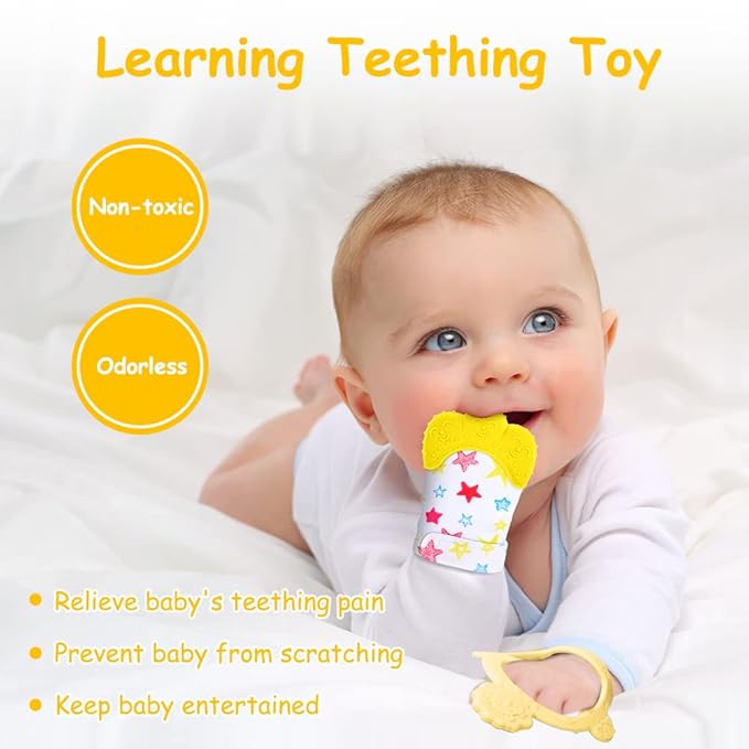 Vicloon Silicone Teething Mitt, 2Pcs Baby Teething Mitten with Adjustable Strap, Crinkle Sound and Textured, Self Soothing Baby Chew Toys for 0-6 Month Infants