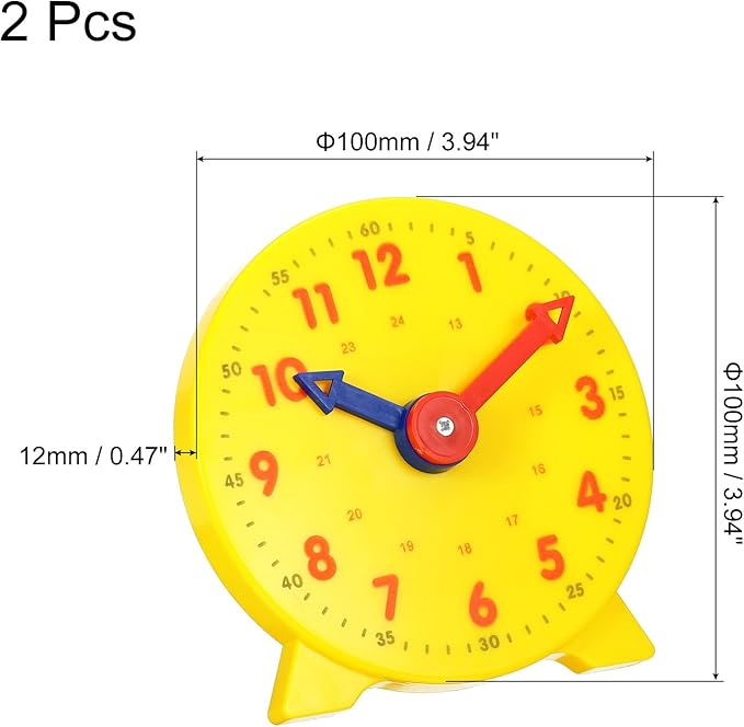 PATIKIL 4 inch Teaching Clock, 2 Pack Learn Clock Learning Tell Time Analog Clock Demonstration Clock 24 Hour 2 Pointers for Classroom Teacher, Yellow