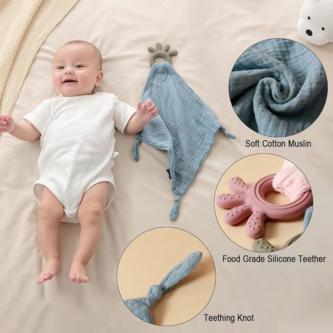 Baby Muslin Security Blanket with Food Grade Silionce Teether,Soothe Teething Toy for Boys and Girls,100% Polyester (Yellow)