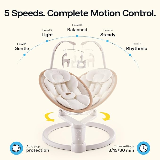 HARPPA Weddell Signature Baby Electric Swing for Newborns and Infants, Elevated Eye-Level Seat, 180° Rotation with Dual Motion, 5-Point Harness, 5 Speeds & Remote Control, Beige