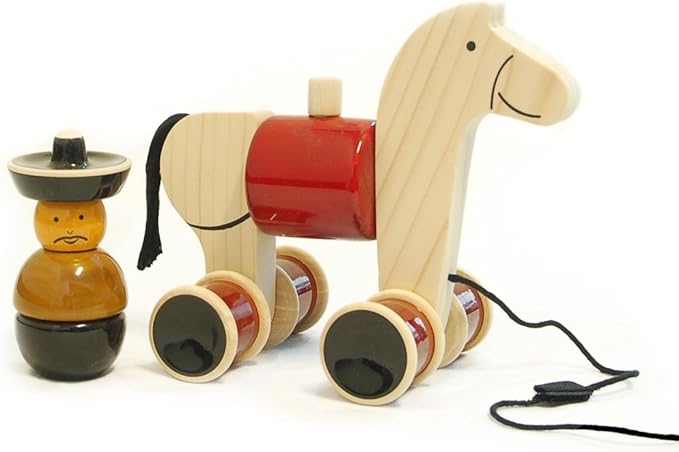 Maya Organic Handmade Wooden Stacker & Pull Toy Rodeo with Galloping Motion, Made Using Natural Colors for Toddlers 18 Months Old and up, Helps in Early Education and Development | HEE HAW