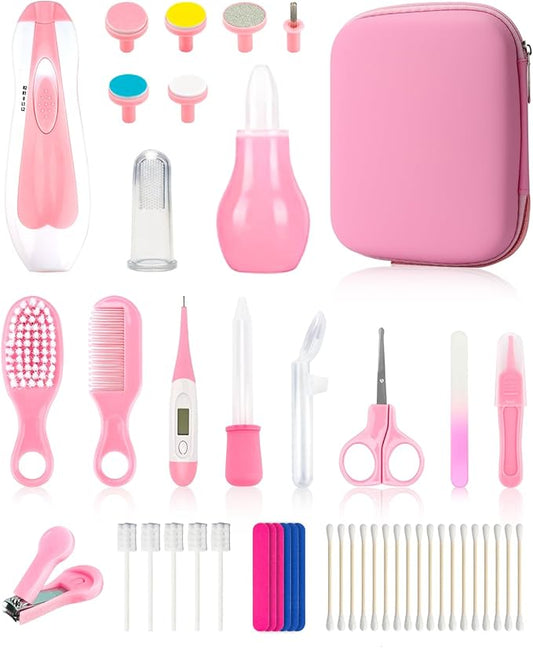 Baby Grooming and Healthcare Kit, Portable Baby Safety Care Set with Hair Brush Comb Nail Clipper Nasal Aspirator for Nursery Newborn Infant Girl Boy (31 in 1, Pink)
