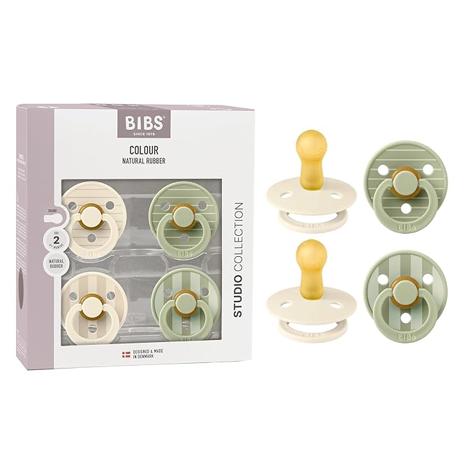 BIBS Studio Pacifier 4-Pack, BPA Free Pacifiers, Round Nipple. Natural Rubber Latex, Made in Denmark, Size 2 (6-18 Months), Ivory/Sage