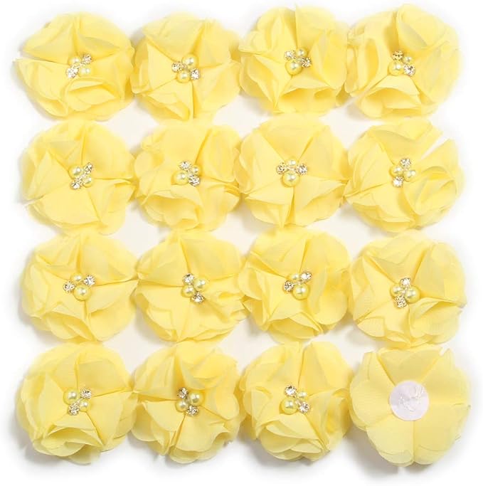 50 Pcs 2" Mini Chiffon Flowers with Rhinestones for Baby Girls Hair Accessories Artificial Fabric Flowers for Headbands Craft Projects (Yellow)